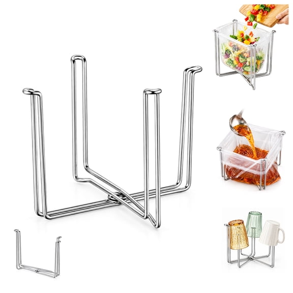 Foldable 304 Stainless Steel Trash Bag Holder,Multi Purpose Countertop Garbage Bag Stand,Portable Plastic Bag Support Rack for Kitchen Counter,Camping,Office,Drying Bottle Holder