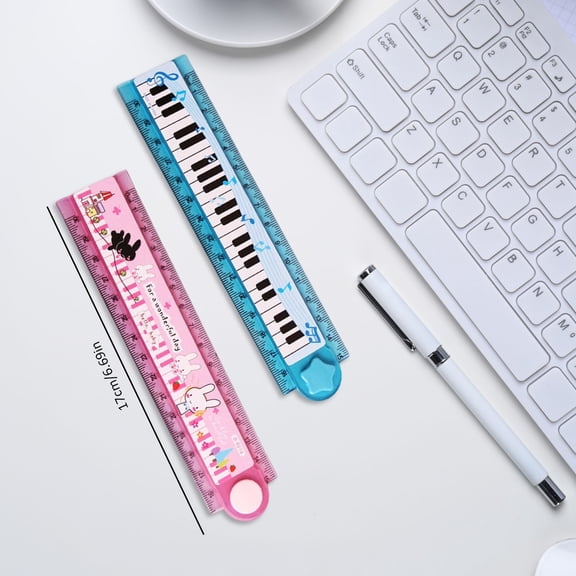 Foldable 30cm Straight Ruler with Cartoon Piano Print Design, Dual Scale, Geometric Cutouts, Compact for Pencil Cases, Style B