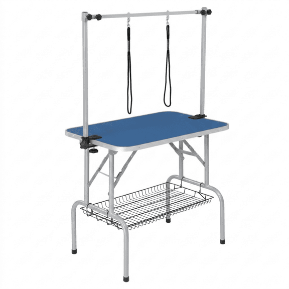 Foldable 32" blue pet grooming table, adjustable height, with restraint arm & storage basket. Heavy duty for home daily trimming, brushing & blow drying