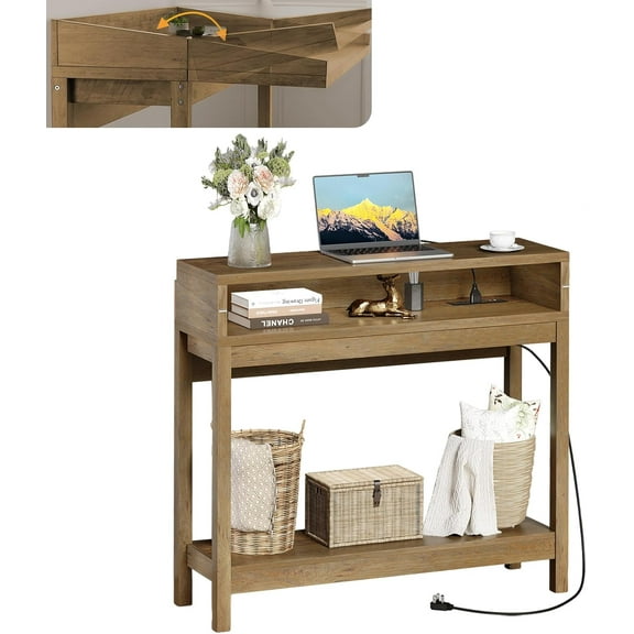 Foldable 38" Console Table with Charging Station & Storage, Side Table with Charging, Entryway Table with Anti-Tip Design,Rustic,Rustic Brown