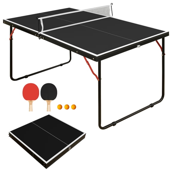 Foldable 4.5Ft Table Tennis Table, Suitable Ping Pong Table With Net And 2 Table Tennis Bats Easy To Store Black