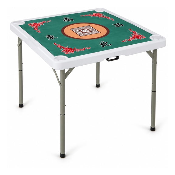 Foldable 4-Player Square Mahjong Domino Table with Mat, Cup Holders & Carrying Handle, Slip-Resistant Quiet Surface for Mahjong Poker Card Board Games, Green