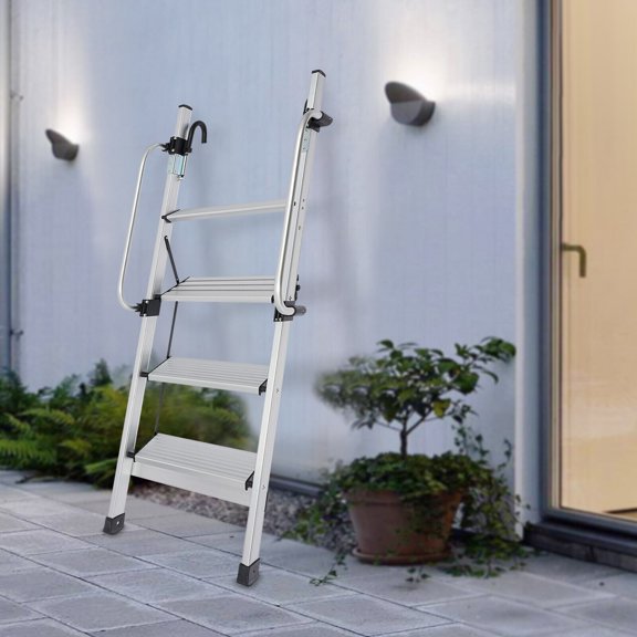 Foldable 4-Step Ladder, 330lbs Capacity Aluminum Construction, Adjustable Pedals & Top Hooks, for Bunk Beds and Home Use