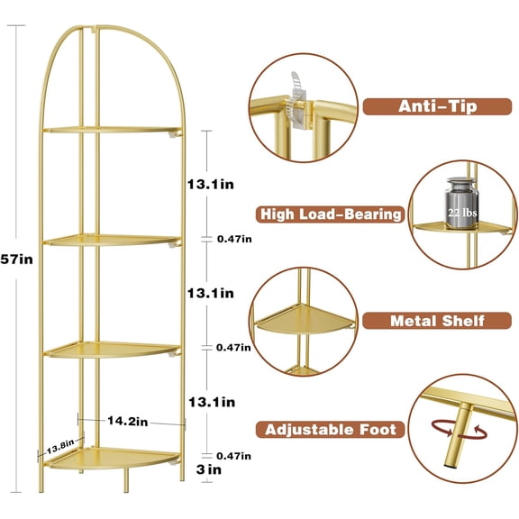 Foldable 4 Tier Corner Shelf, Metal Corner Plant Stand with Gold Frame and Gold Shelves, Corner Display Rack Multipurpose Shelving Unit for Living Room, Bedroom, Bathroom