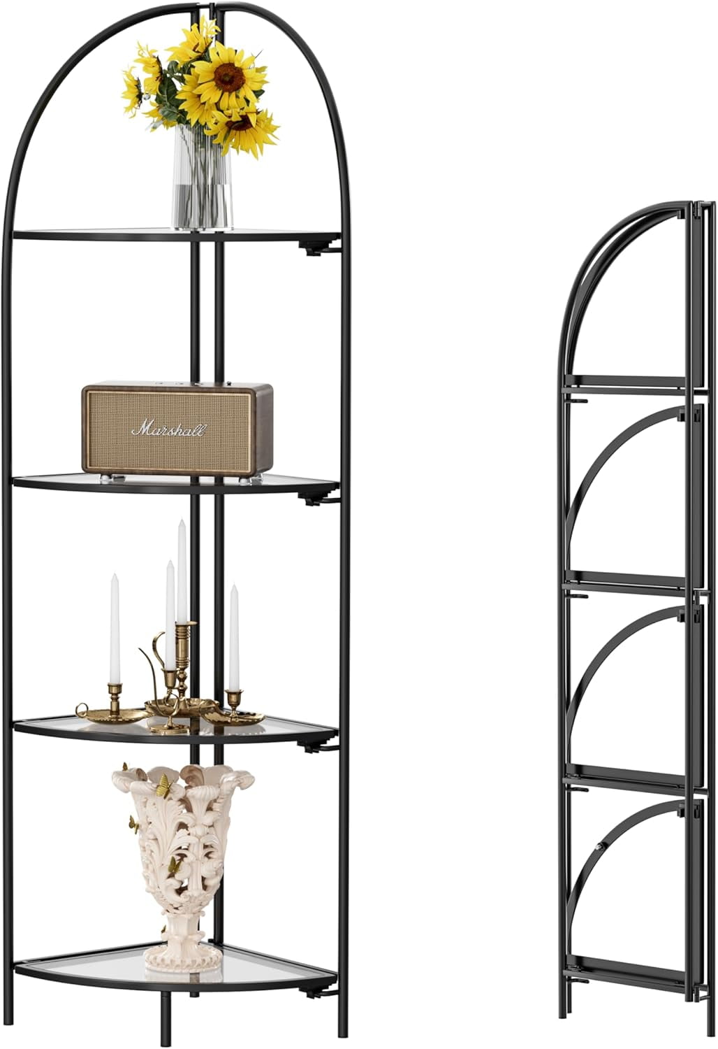 Foldable 3-Tier Corner Shelf - Black Metal Frame, Mesh Shelves, 17.7"W X 12.4"D X 40.9"H, Space Saving Plant/Display Rack