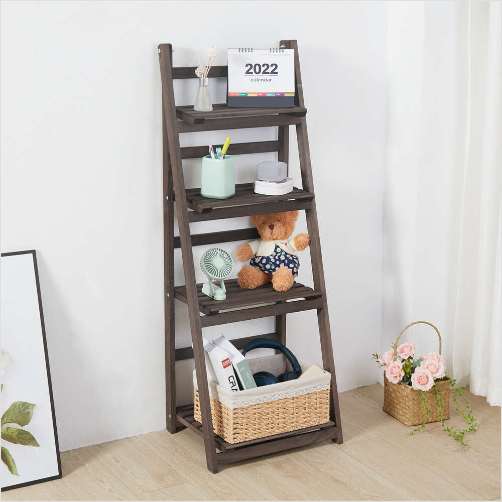 Foldable 4Tier Ladder Bookcase Storage Rack Bookshelf Plant Stand