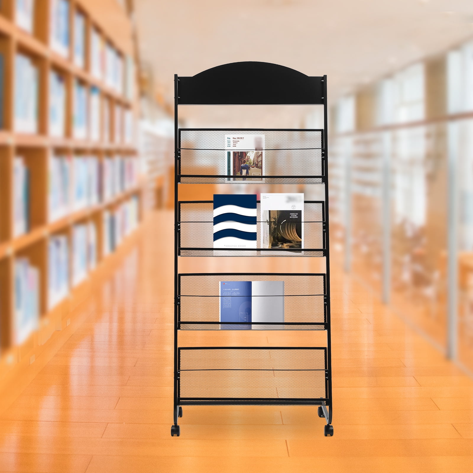 Foldable 4-Tier Metal Magazine Rack with Mesh Baskets, Anti-Falling Bar ...