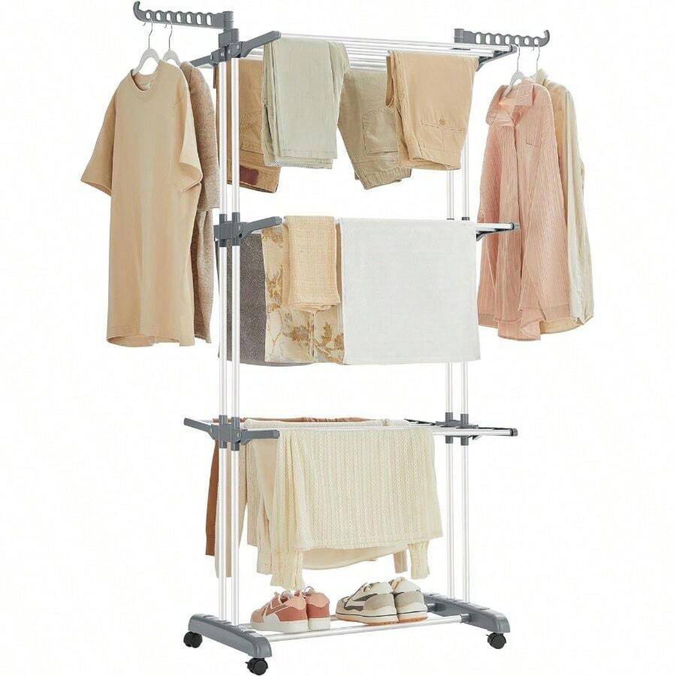 Foldable 4-Tier Steel Rolling Clothes Drying Rack - Minimalist Spring ...
