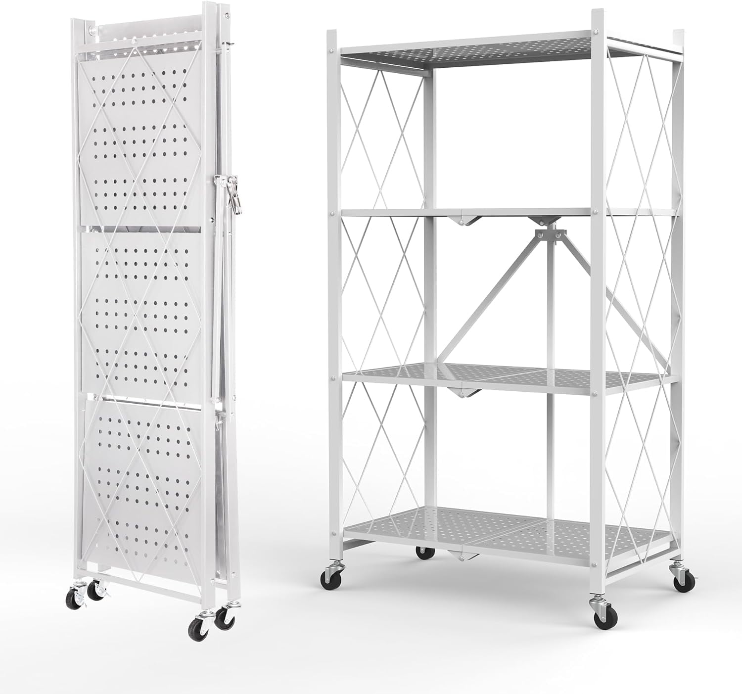 Foldable 4-Tier Storage Shelves with Wheels, No Assembly Bookshelf, Heavy Duty Kitchen Racks and Shelves, Rolling Microwave Cart, White