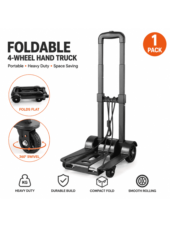 Foldable 4-Wheel Heavy Duty Hand Truck Dolly with Push-Button Telescoping Handle, Compact Luggage Cart for Travel, Shopping & Moving