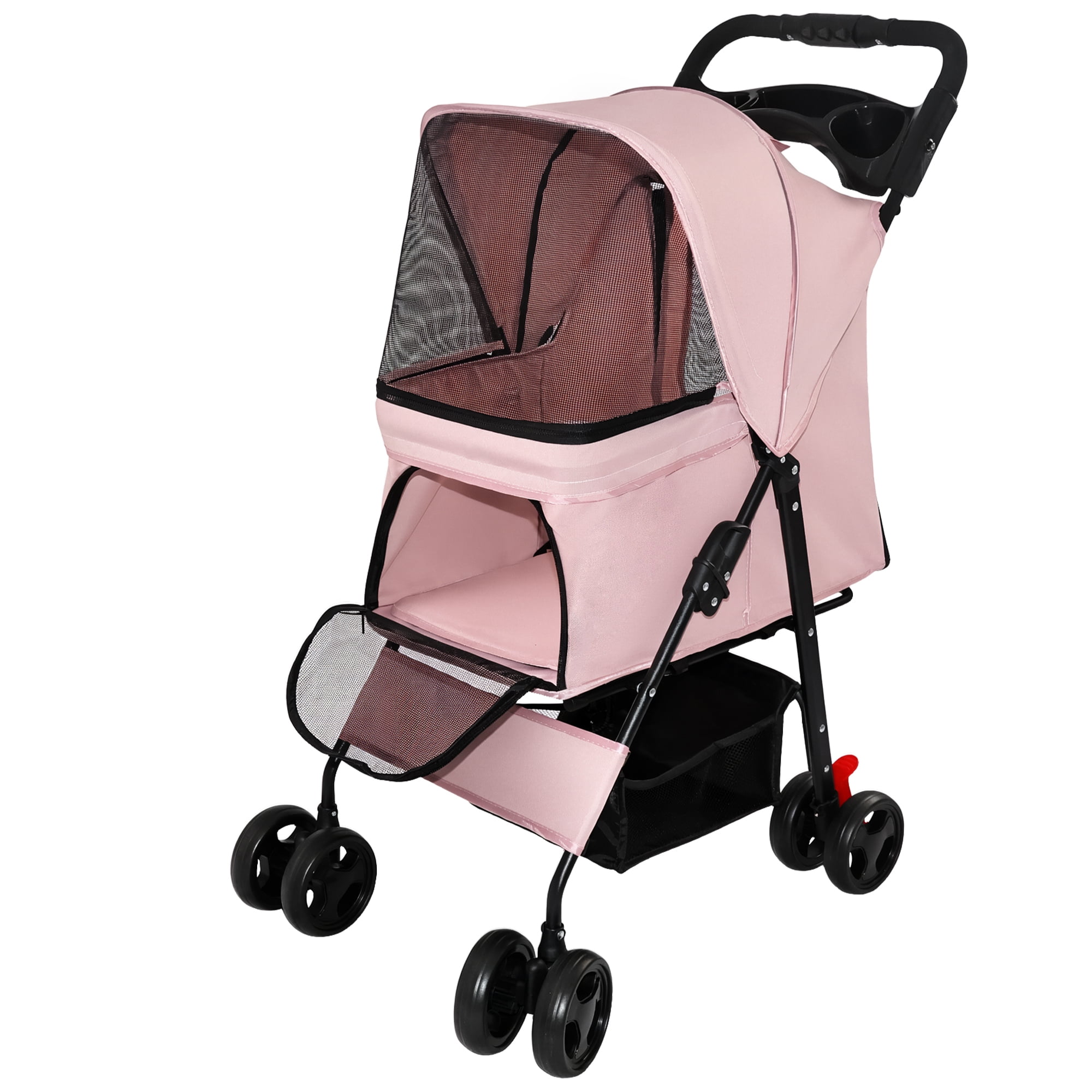 Foldable 4 Wheels Pet Stroller for Small Dogs and Cats, Pet Rolling Carrier with Storage Basket & Breathable Mesh