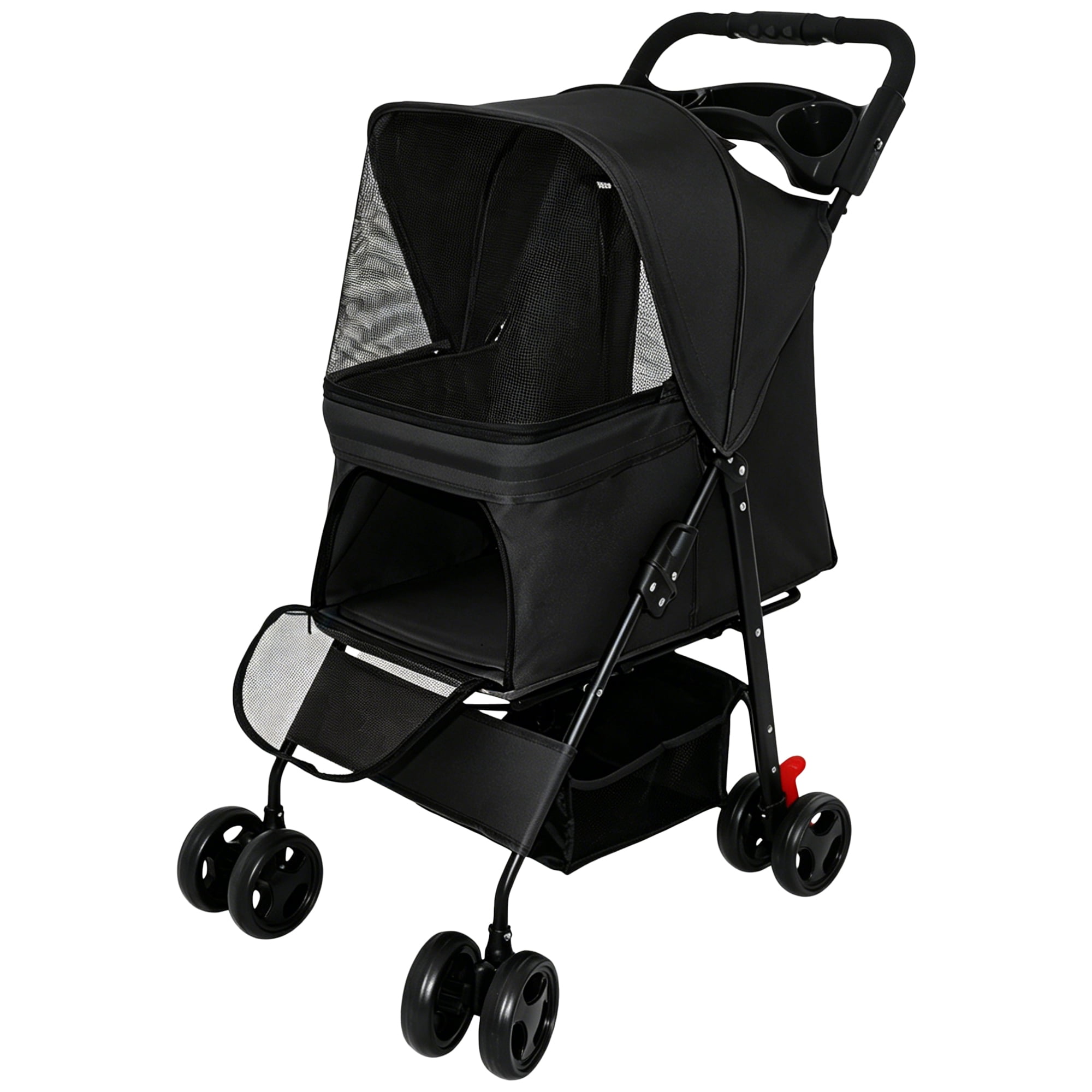 Foldable 4 Wheels Pet Stroller for Small Dogs and Cats, Pet Rolling Carrier with Storage Basket & Breathable Mesh