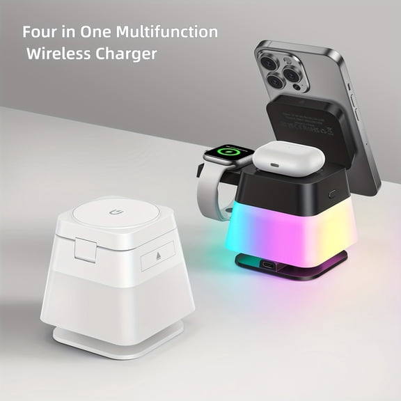 Foldable 4-in-1 Wireless Charging Station with 360 Rotation and Color LED Lights, Non-Slip Base Multi-Device Fast Charger for iPhone, Apple Watch, AirPods, Home Office Travel Use