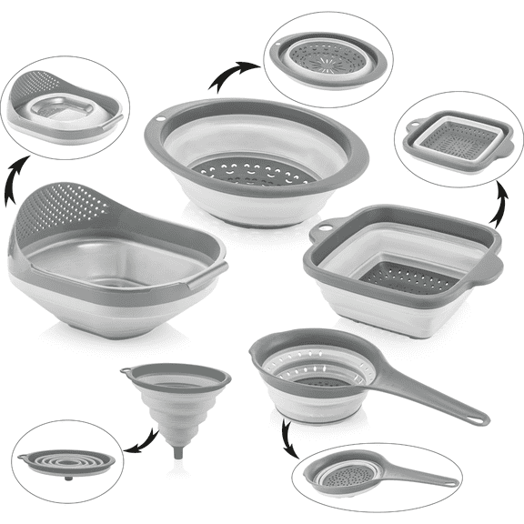 Foldable 5-Piece Kitchen Set, Collapsible Colanders & Funnel, Space-Saving Gray Plastic Gadgets
