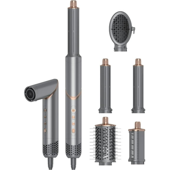 5-in-1 Hair Dryer Brush & Air Styler Set - High-Speed Negative Ionic Multi-Styler for Travel, with Auto-Wrap Curlers for Frizz-Free Styling (Grey)