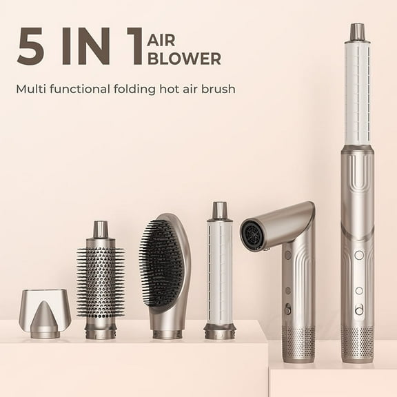 Foldable 5-in-1 Hot Air Styling System, Professional Hair Dryer Brush Kit with Airflow Curler, Smoothing & Volumizing Attachments, Ionic Technology for Travel, Champagne Gold