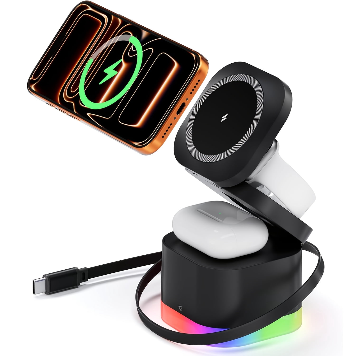 Foldable 5-in-1 Magnetic Wireless Charging Station with RGB Light & Retractable Cable for iPhone 17-12, Apple Watch, Airpods