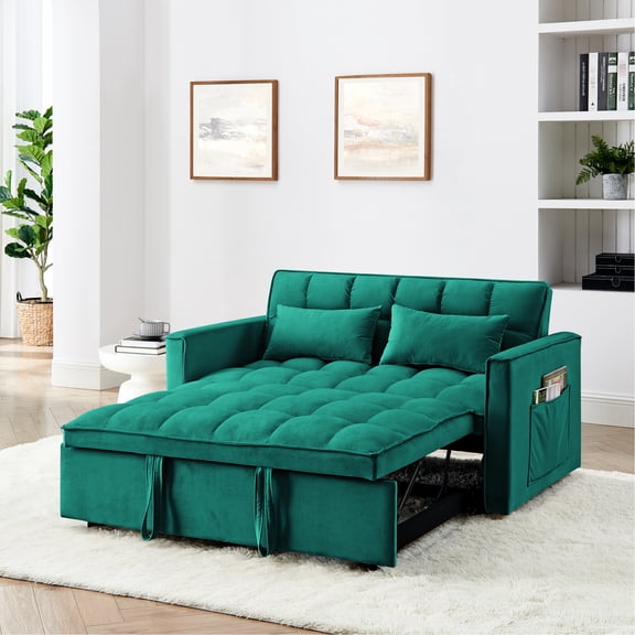 Foldable 54.33 Inch Bed In 3 Lengths, Velvet Adjustable Back Pull-out Bed. Modern Style. Cozy Upholstery. Settings. Soft Fabric & Plastic Legs. 2 Pillows. Living Room Favorite Versatile Bed, Length