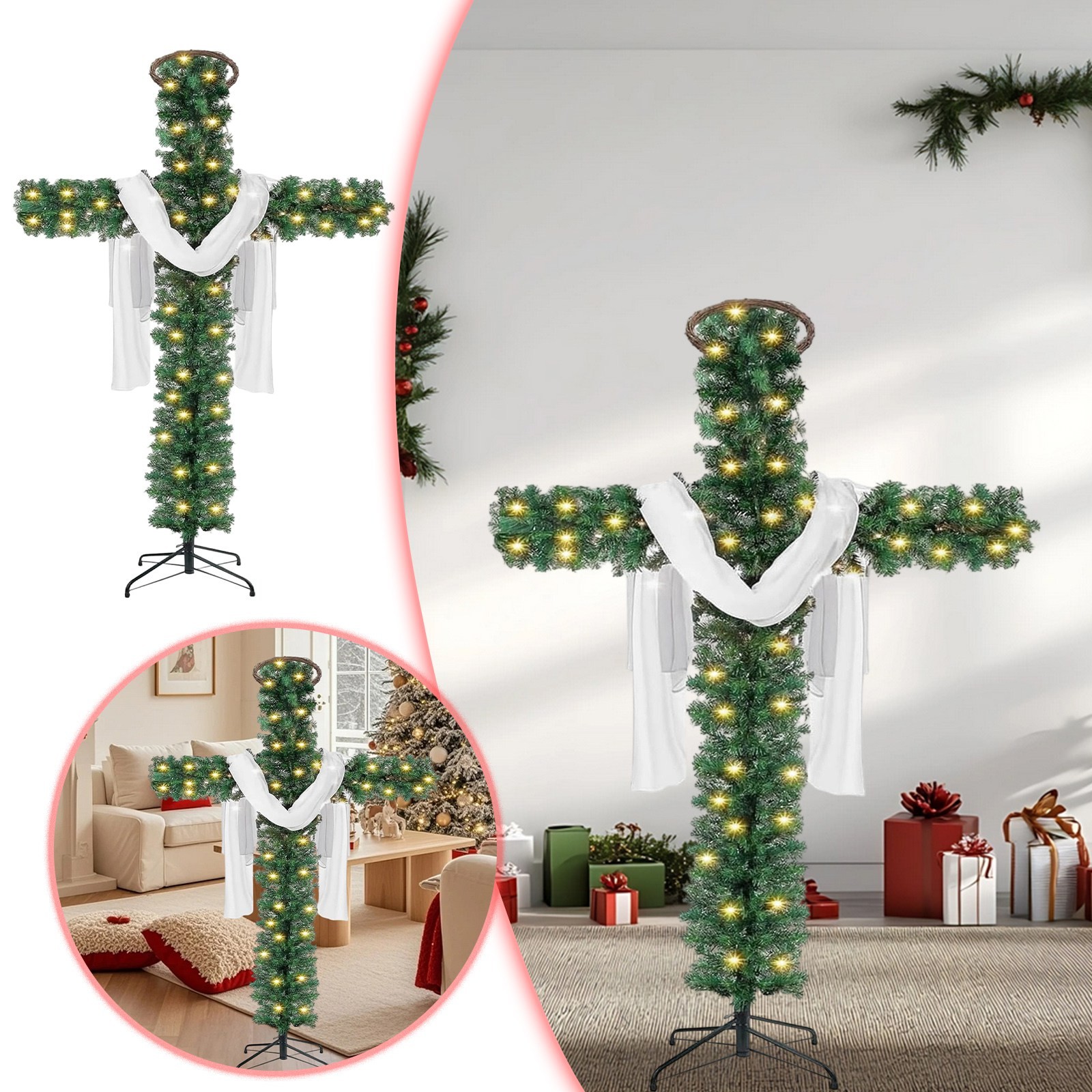 Crossmas Tree Foldable 5ft Christmas Cross Tree with Lights and White Silk Scarf ...