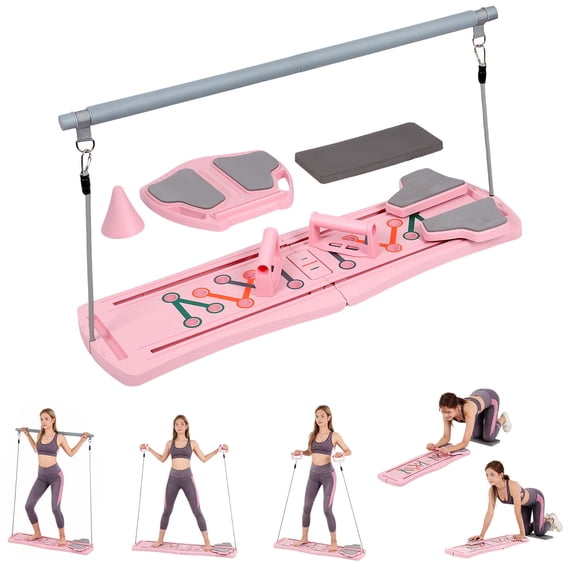 Foldable 6-in-1 Pilates Reformer Board Kit for Women, Portable Pilates Reformer Home Gym with Resistance Bands & Phone Holder Full Body Pilates Machine for Home Workout (Pink)