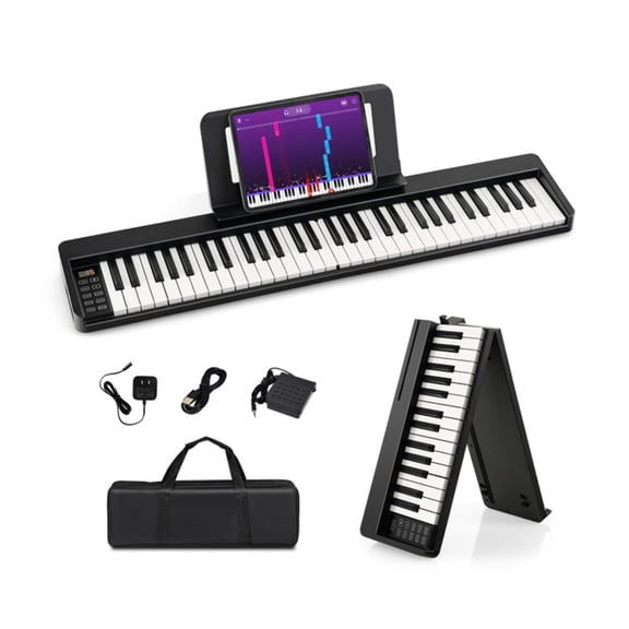 Foldable 61-Key Full-Size Digital Piano, 90.1717.785.08 cm Wireless MIDI Keyboard with 1750mAh Rechargeable Battery, Black