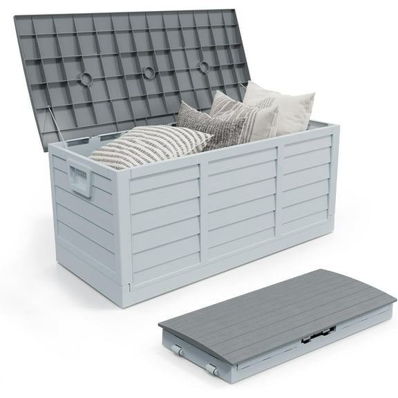 Foldable 75 Gallon Outdoor Storage Box, Plastic Storage Containers with Lid, Patio Deck Box Furniture for Garden, Pool, Balcony, Yard (Gray Lid)
