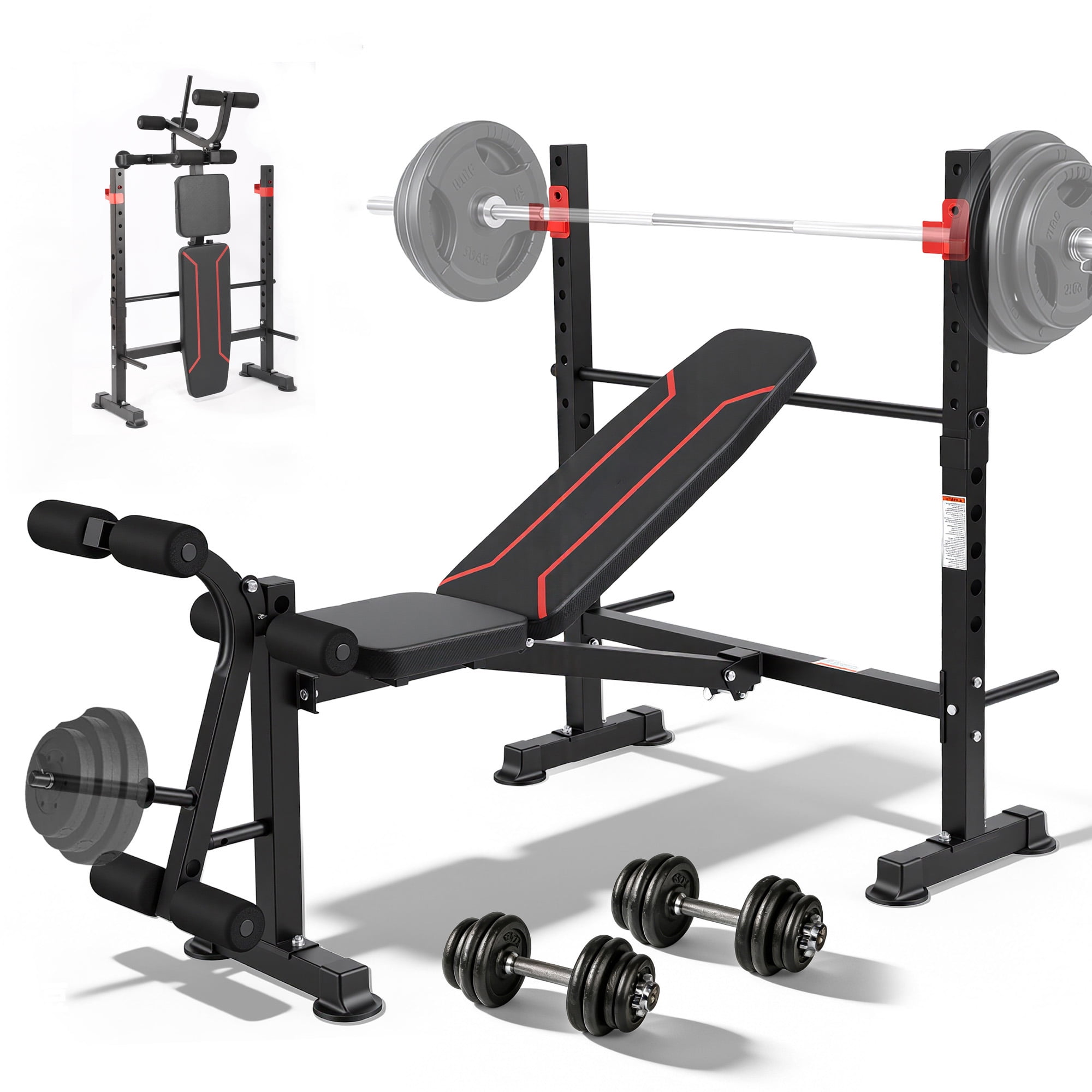 Foldable 750LBS Weight Bench with Bench press rack, Adjustable Workout Bench Set with Leg Extension/Curl,Standard Bench Press Set for Home Gym Full Body Training
