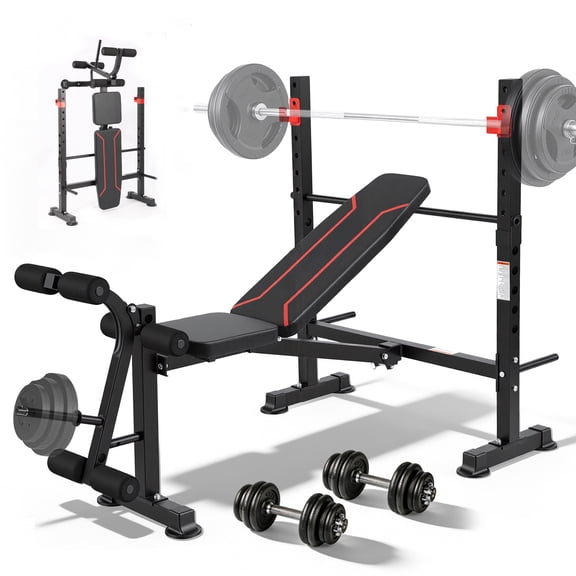 Foldable 750LBS Weight Bench with Bench press rack, Adjustable Workout Bench Set with Leg Extension/Curl,Standard Bench Press Set for Home Gym Full Body Training