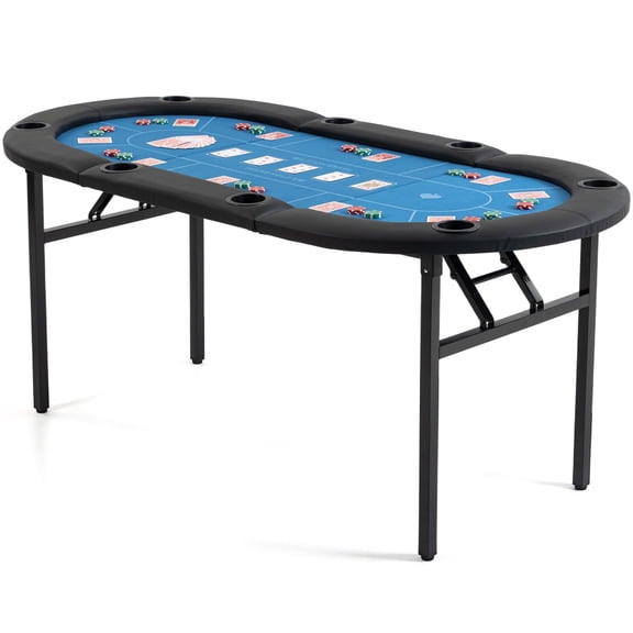 Foldable 8-Player Poker Table With Chip Trays, Collapsible Legs, Blue