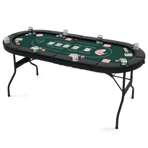 Foldable 8-Player Poker Table With Green Felt, Padded Rails & Metal Cup