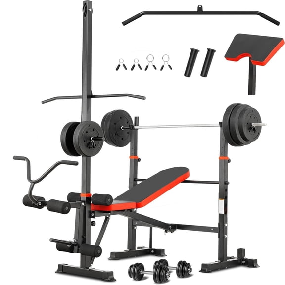 Foldable 8 in 1 Olympic Weight Bench With Rack, Compatible With 6-Foot and 7-Foot Barbell Bars, Lat Pulldown, Leg Trainer, Priest Bench