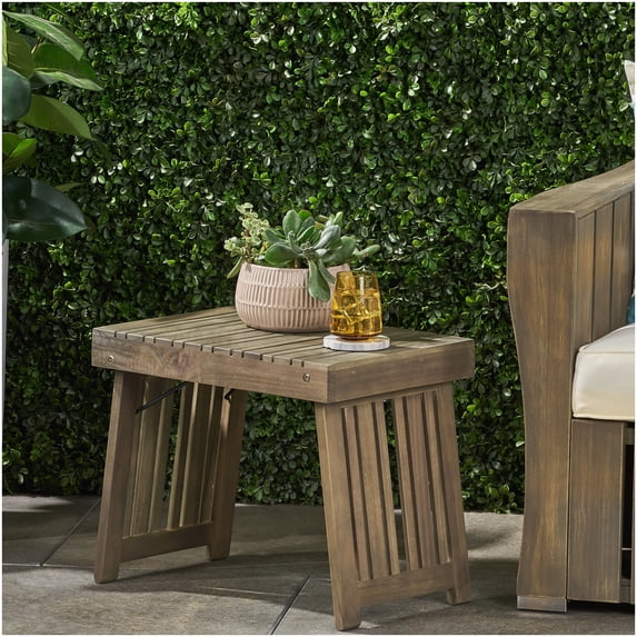 Foldable Acacia Wood End Table with Slat Top, Space Saving Grey Side Table