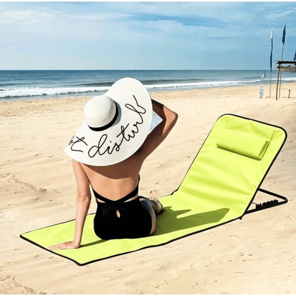 Foldable Adjustable Beach Lounge Mat, Light Fluorescent Yellow Oxford Fabric, 5-Position Reclining Backrest with Storage Pocket, Portable Folding Recliner for Beach Camping Picnic Outdoor Leisure