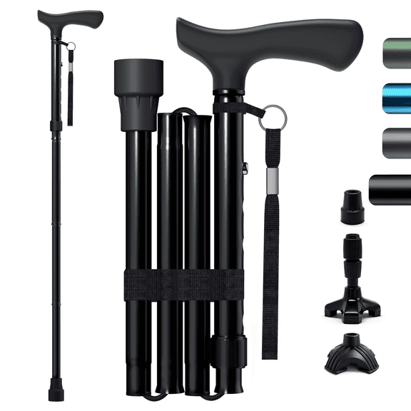 Foldable Adjustable Walking Cane for Seniors & Adults | Lightweight Aluminum, All-Terrain Support with Interchangeable Tips, Portable for Travel & Daily Balance