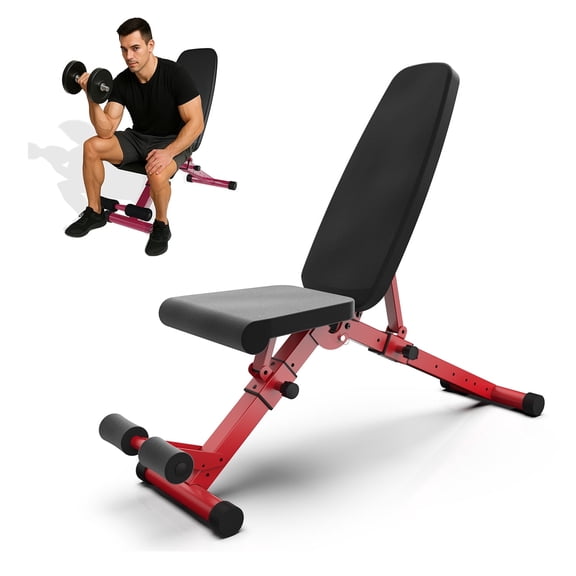 Foldable Adjustable Weight Bench for Home Gym, Multi Function Fitness Bench, Workout Bench Press with Leg extension - Red