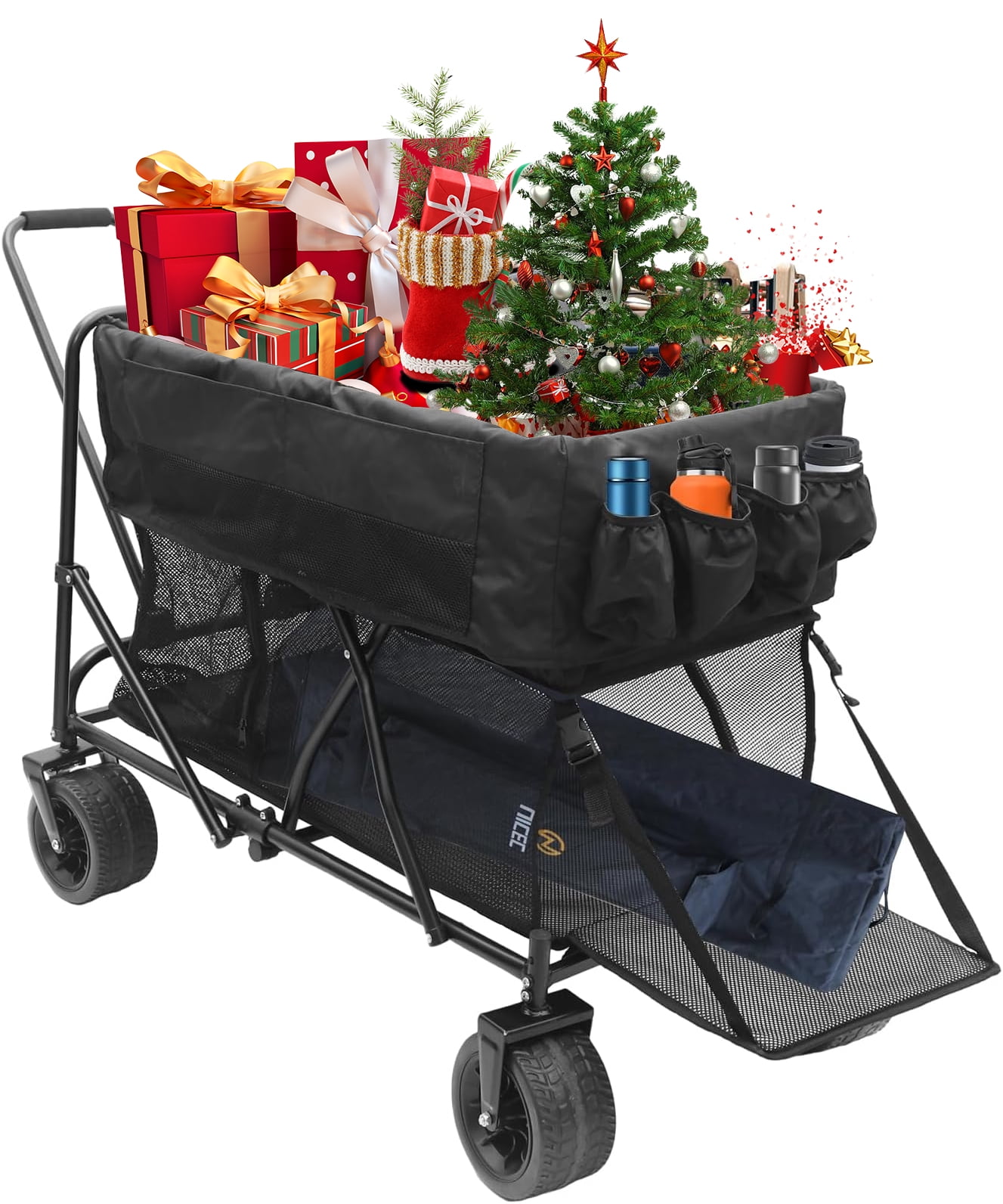 Black Heavy Duty Foldable Double Decker Wagon with All-Terrain Wheels