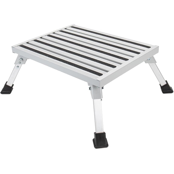 Foldable Aluminum Alloy Step Stool—An adjustable-height silver platform designed specifically for RVs and trailers; lightweight, collapsible, and durable—ideal for both home use and camping.