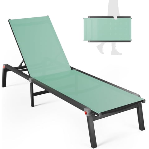 Foldable Aluminum Outdoor Chaise Lounge Chair, 5-Position Adjustable Recliner for Patio, Poolside, Beach or Lawn (Green, 1 Pack)