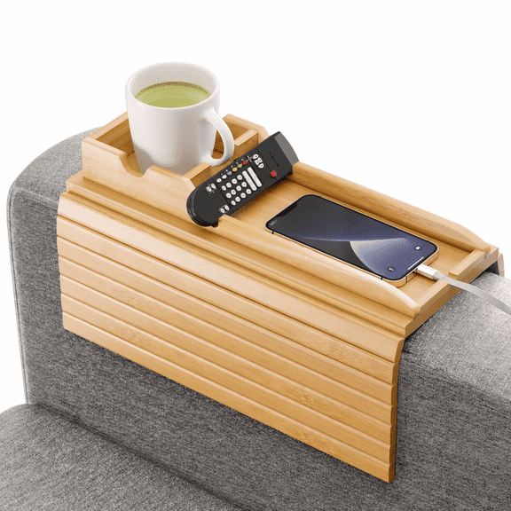 Foldable Anti-Slip Bamboo Sofa Armrest Tray Table with Built-in Cup Holder, Multifunctional Couch Storage Rack for Drinks, Phone & Remote, Fits 4.7–16.9 Inch Sofa Armrests, Cup & Phone Holder Organiz