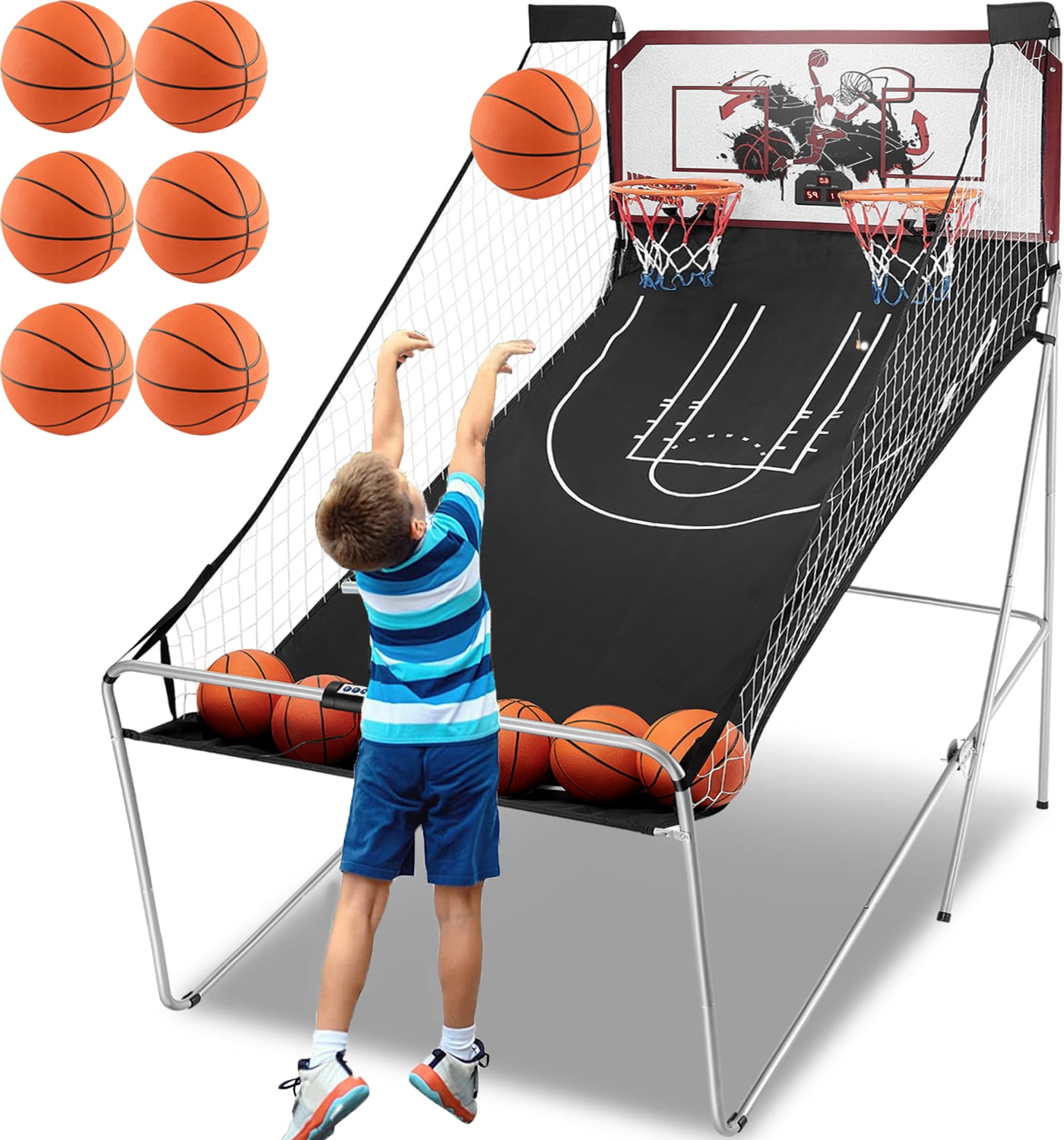 Foldable Basketball Arcade Game, Dual Shot Electronic Basketball Game Machine with 8 Game Modes