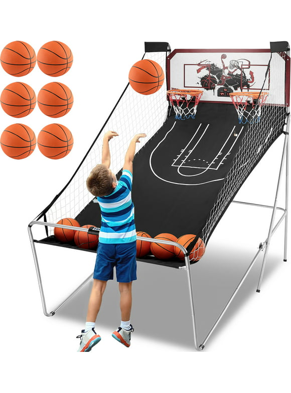 Foldable Arcade Basketball Game for Kids, BTMWAY Dual Shot Electronic Basketball Hoop Indoor, Pinball Machine with Shot Timer | Basketball Scoreboard | 6 Balls - 8 Game Modes（Double Mode 2 Players）