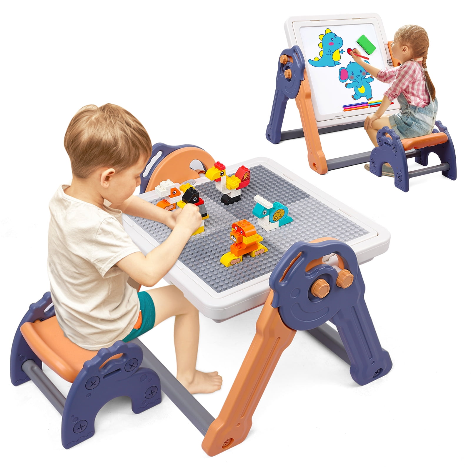 Blue Foldable Kids Easel with Building Block Table