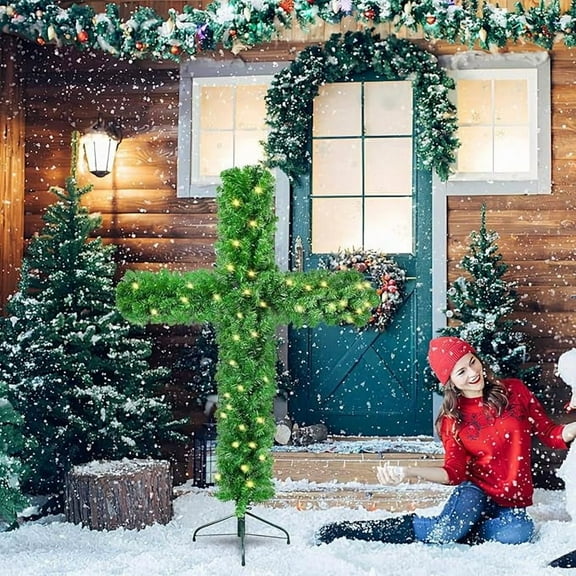 Foldable Artificial Christmas Tree - Encrypted Detachable Cross Tree with LED Lights, Silk Scarf & Wooden Vine Wreath, Includes 1pcs Storage Bag & 3pcs Xmas Stockings for Home Holiday Decor, 59in, A