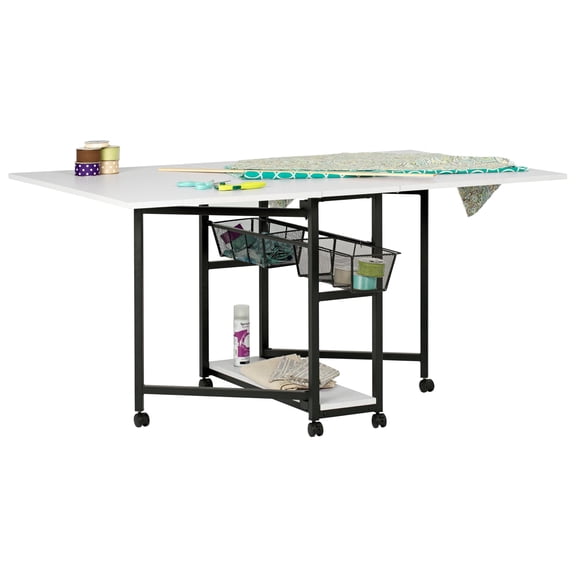 Foldable Arts & Crafts Cutting Table With Storage, Fixed Height 30 White