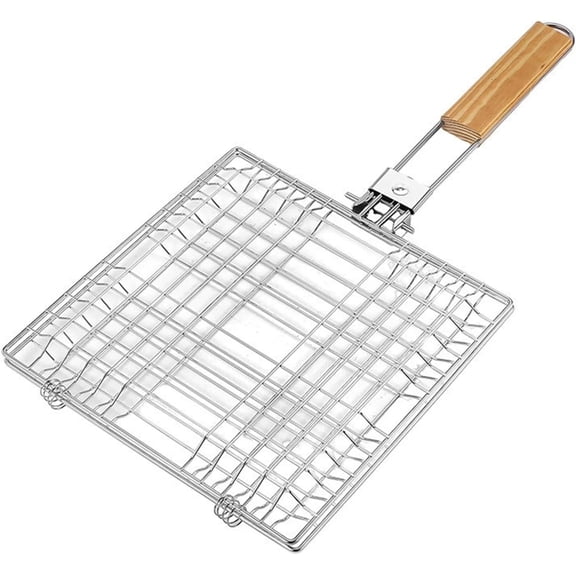 Foldable BBQ Grid for fish, Wooden Handle for Heat Resistance