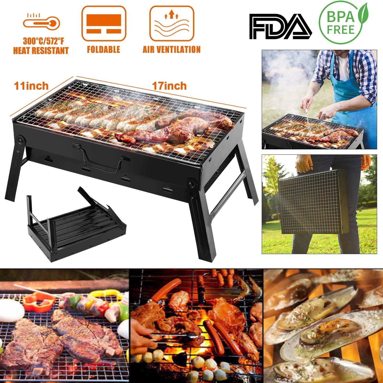 Foldable BBQ Grill, Moclever Metal Charcoal Grill for Outdoor Camping Garden, 17.7x11x10in
