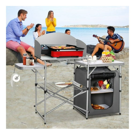 Foldable BBQ Grilling Table - Portable Outdoor Camping Table with Windscreen & Bag