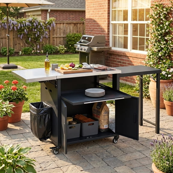 Foldable BBQ Prep Cart, Outdoor Patio Dining Serving Cart with Trash Rack for Backyard, Black
