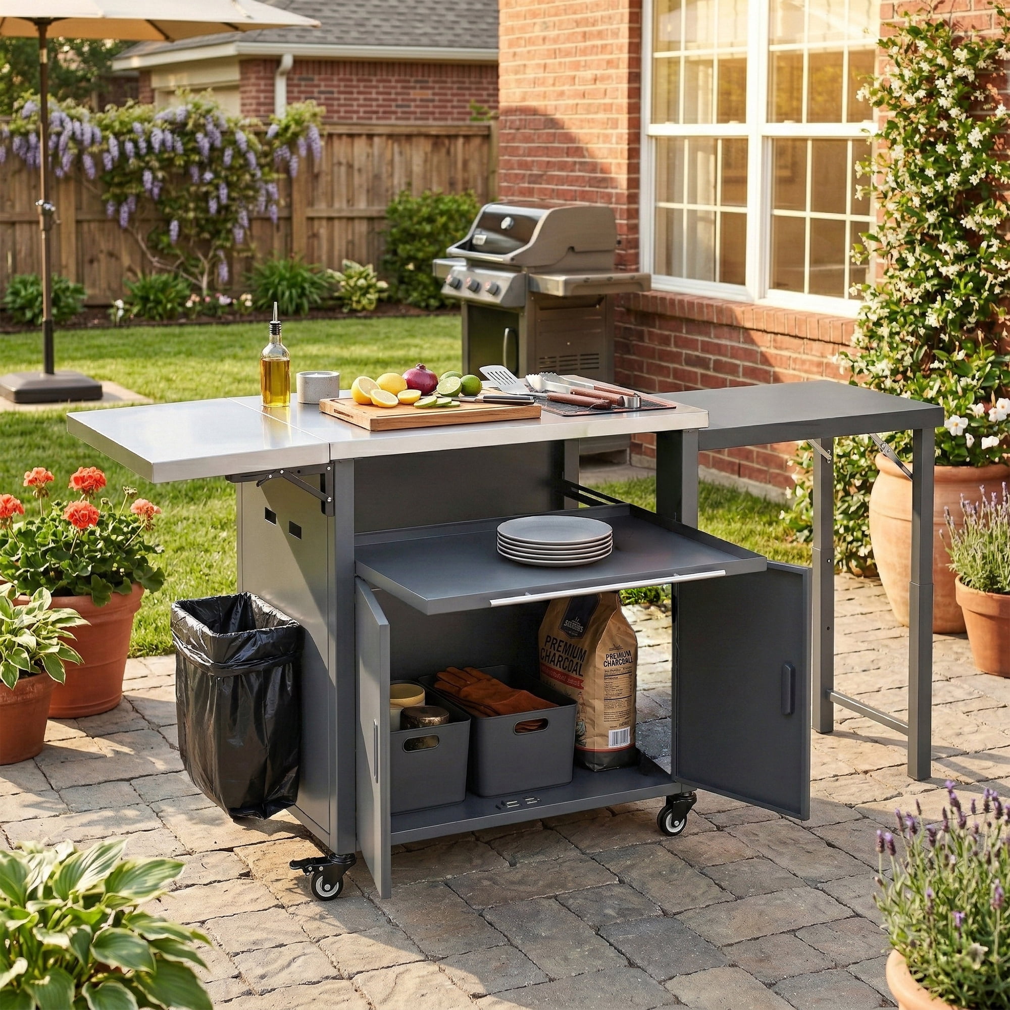 Foldable BBQ Prep Cart, Outdoor Patio Dining Serving Cart with Trash Rack for Backyard, Gray
