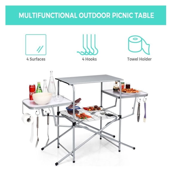 Foldable BBQ Table - Outdoor Grilling Stand with Side Shelves & Hooks - Portable Camping Table for BBQ, Party, Picnics, Tailgating